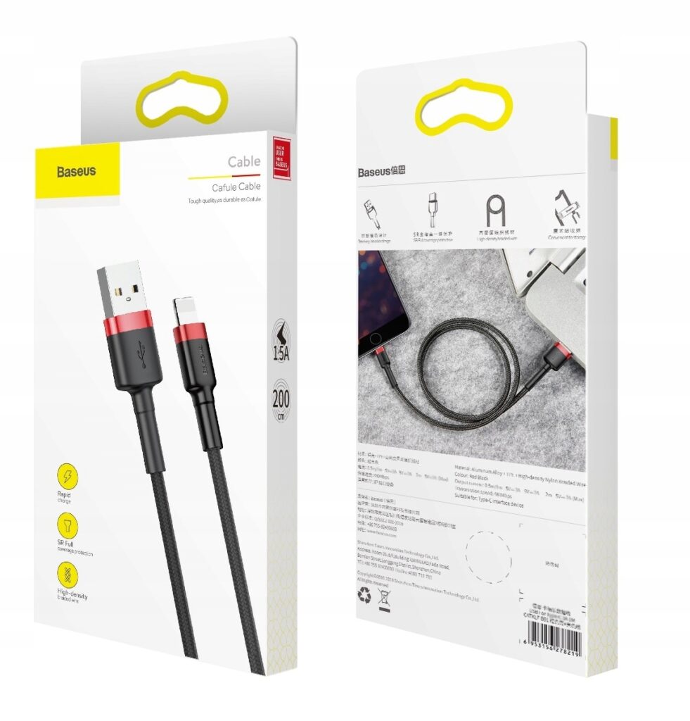 Czarno-czerwony kabel Baseus USB do Lightning o długości 2m z aluminiowymi wtyczkami