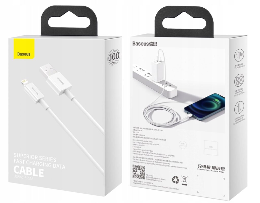 Baseus mocny kabel do iPhone przewód USB do Lightning Quick Charge 2.4A 1m biały