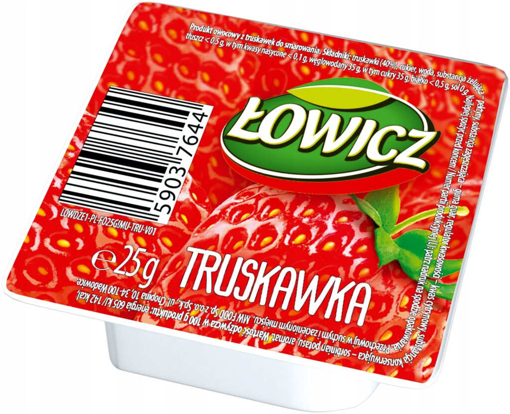 Zestaw 30 sztuk dżemu o smaku truskawkowym Łowicz w porcjach po 25 g