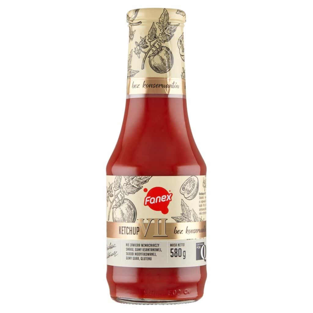 Szklana butelka ketchupu łagodnego pomidorowego Fanex VII 580g