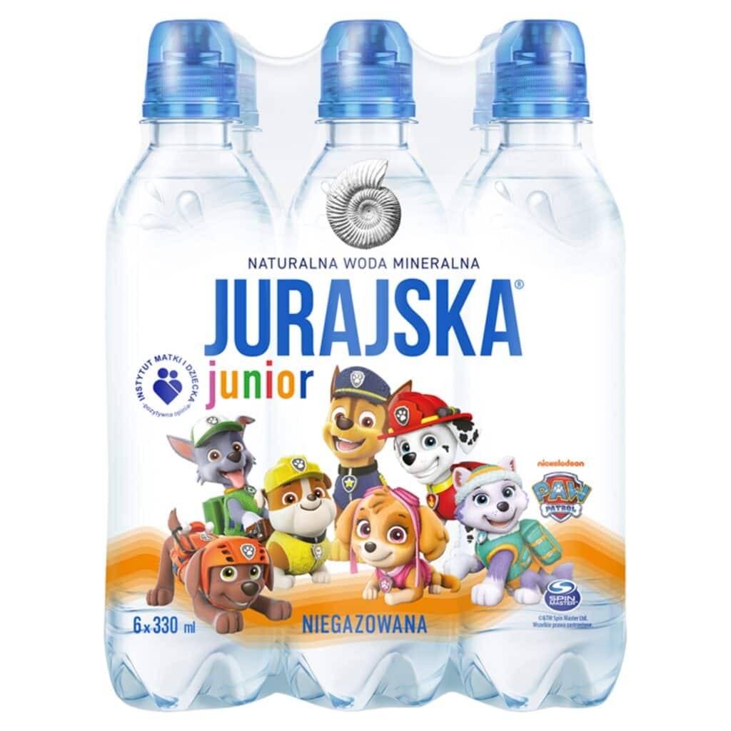 Zestaw sześciu butelek naturalnej wody mineralnej niegazowanej Jurajska Junior 330 ml dla dzieci