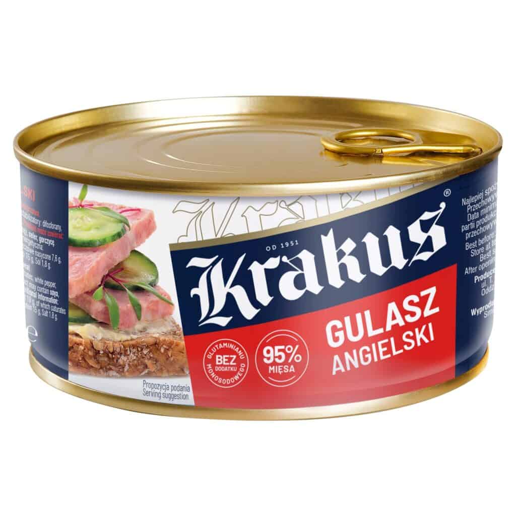Zestaw sześciu puszek konserwy wieprzowej Krakus Gulasz angielski 300g
