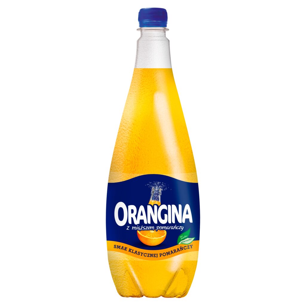 Zgrzewka sześciu Butelek napoju Orangina Original 1,4 l z widocznym miąższem pomarańczowym