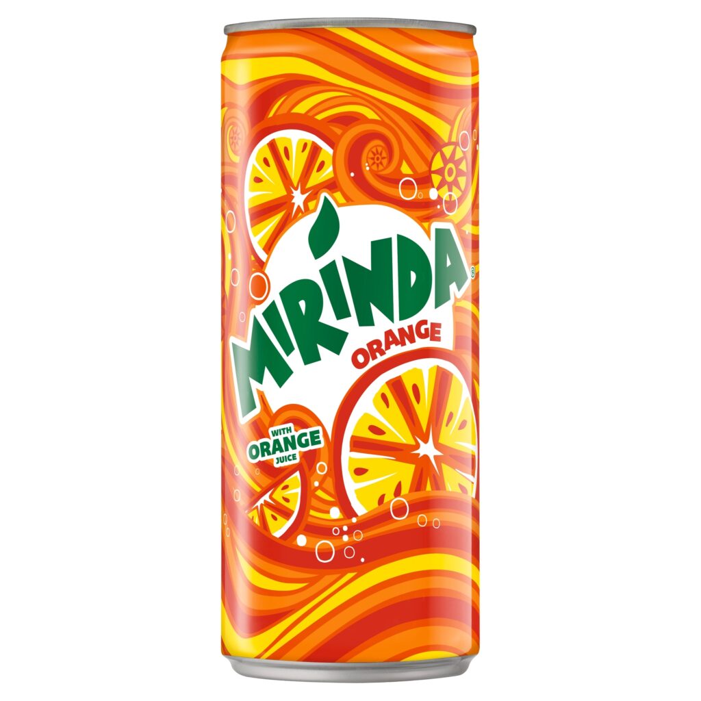 Zgrzewka 24 sztuk pomarańczowego napoju gazowanego Mirinda w puszkach o pojemności 330 ml