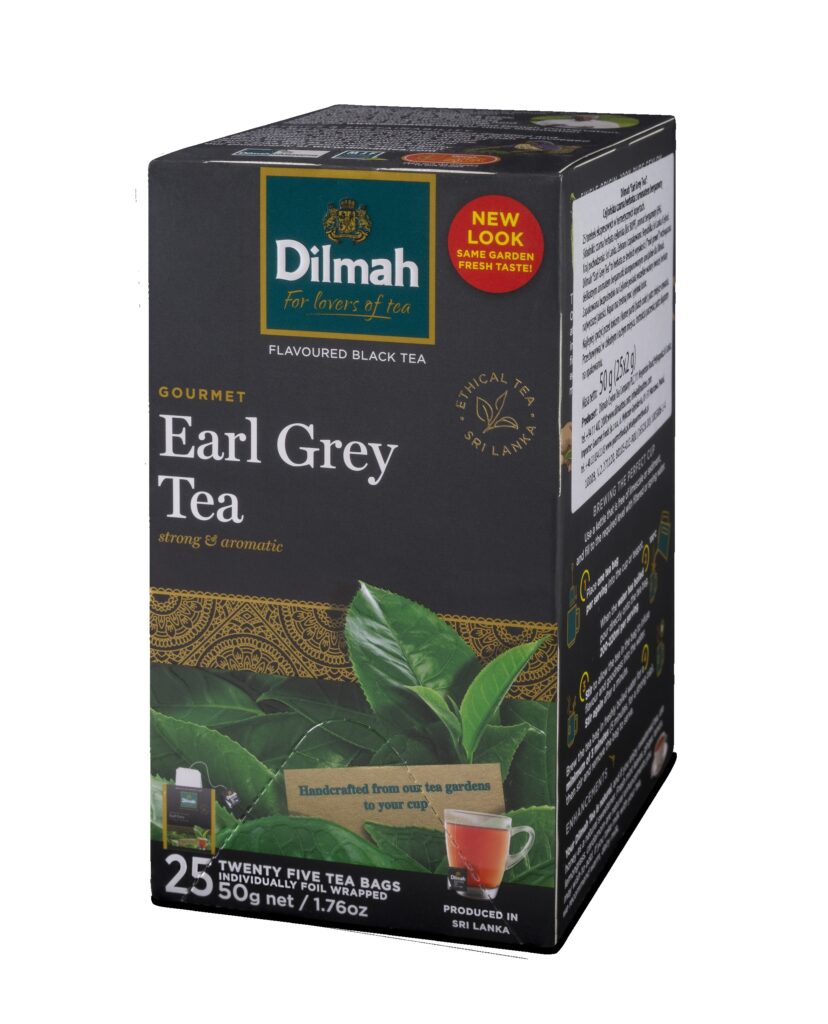 Opakowanie czarnej herbaty ekspresowej Dilmah Earl Grey z bergamotką zawierające 25 torebek
