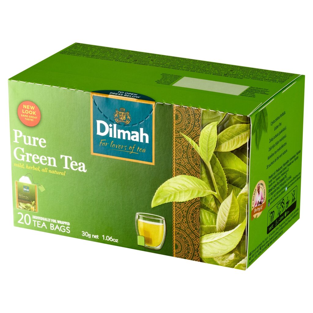 Pudełko zielonej herbaty ekspresowej Dilmah Pure Green Tea zawierające 20 kopert