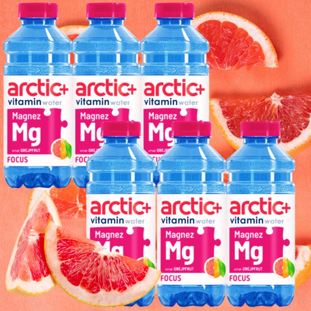 Zestaw szesciu butelek wody witaminowej Arctic+ Focus o smaku grejpfrutowym 600 ml