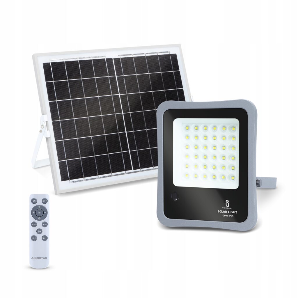 Szary halogen LED 100 W 1200 lm z panelem solarnym i pilotem sterującym