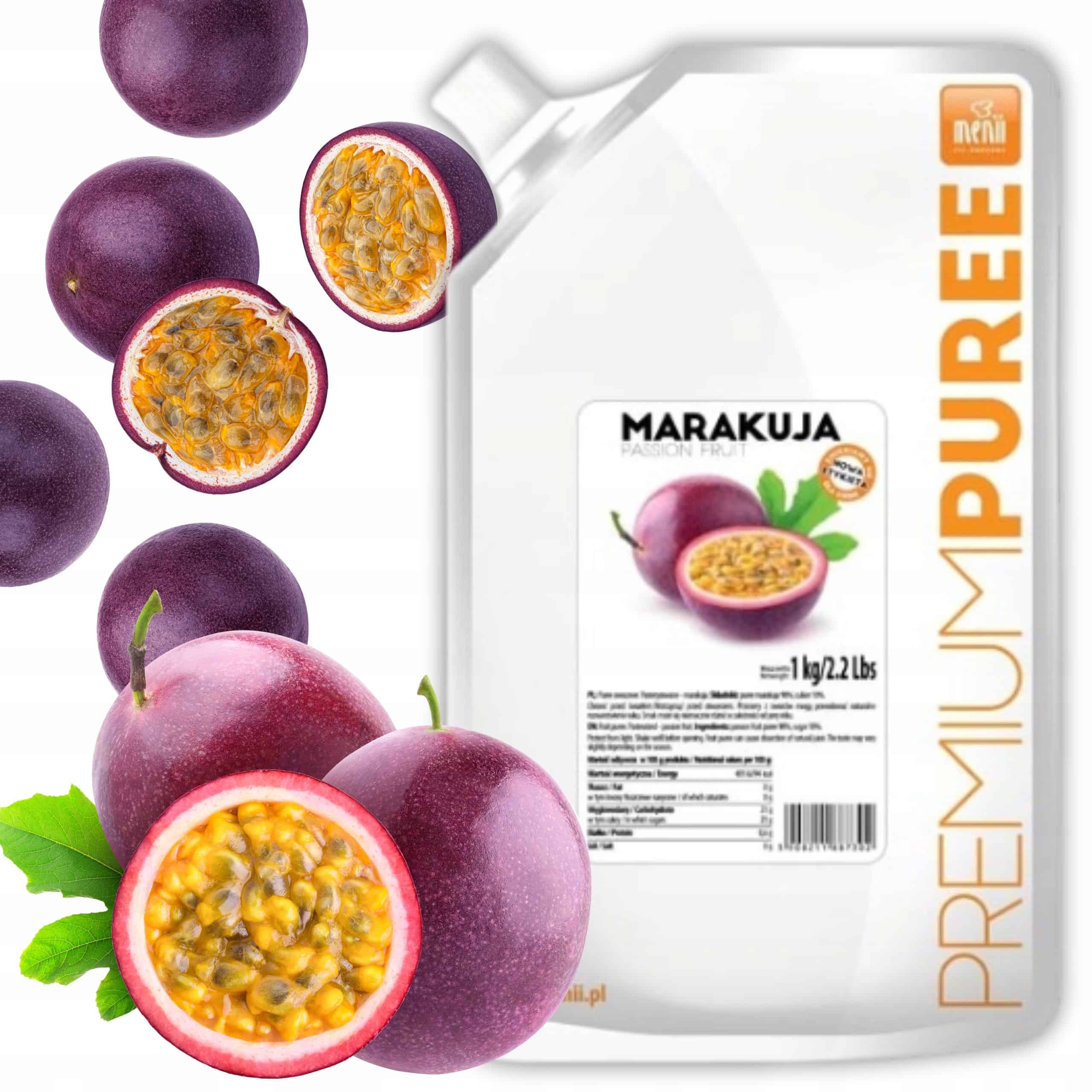 Opakowanie pulpy owocowej z marakui MENII Premium Puree 1kg