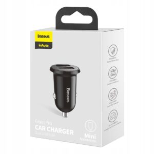 Czarna ładowarka samochodowa Baseus Grain Pro z dwoma portami USB do gniazda zapalniczki