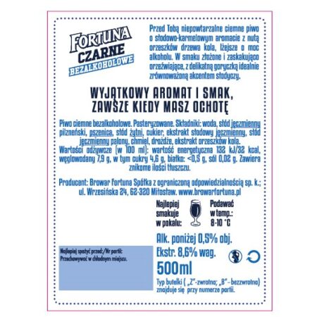 Piwo bezalkoholowe 5x 500ml Fortuna Czarne 0% 500 ml szkło