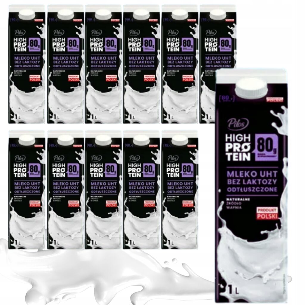Zgrzewka dwunastu sztuk mleka UHT Pilos High Protein bez laktozy o pojemności 1 litra każda