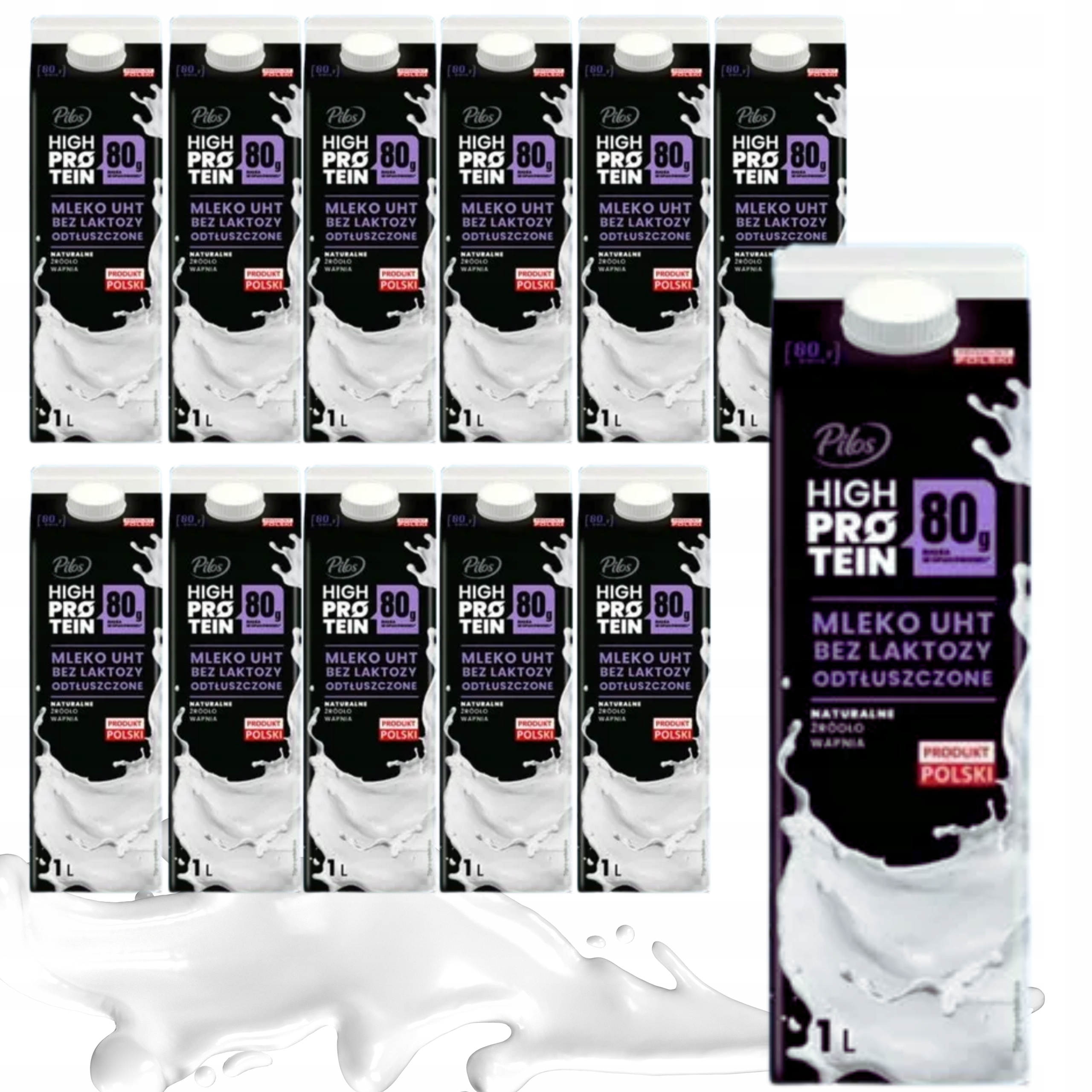 Zgrzewka dwunastu sztuk mleka UHT Pilos High Protein bez laktozy o pojemności 1 litra każda