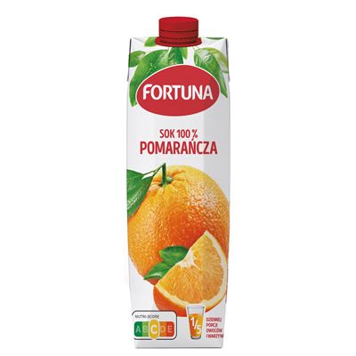 Zgrzewka sześciu kartonów soku 100% pomarańcza Fortuna o pojemności 1 l każdy